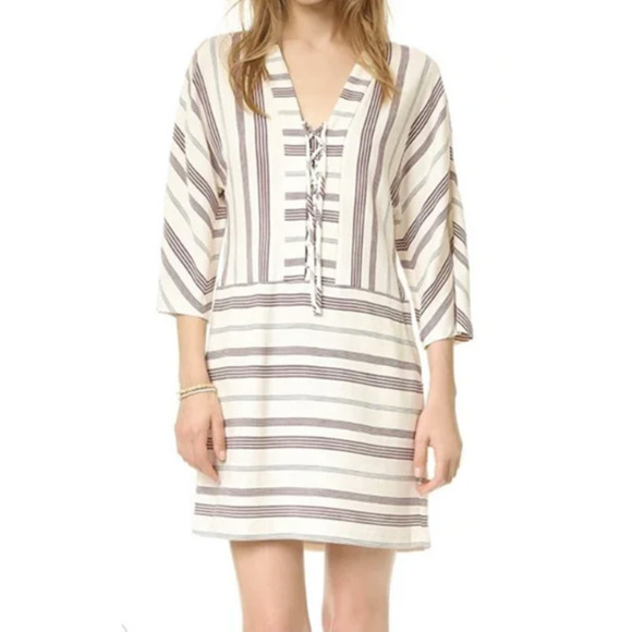 BCBGMAXAZRIA Milana Lace Up Tunic Dress Pockets White Red Black Striped Pullover - Picture 2 of 11